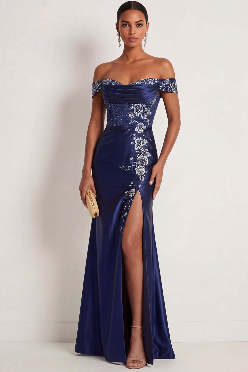Leely Women Navy Mermaid Floral Satin Sparkly Beaded Maxi Formal Dress with Slit Draped Off the Shoulder Backless Wedding Guest Dress