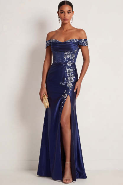 Leely Women Navy Mermaid Floral Satin Sparkly Beaded Maxi Formal Dress with Slit Draped Off the Shoulder Backless Wedding Guest Dress