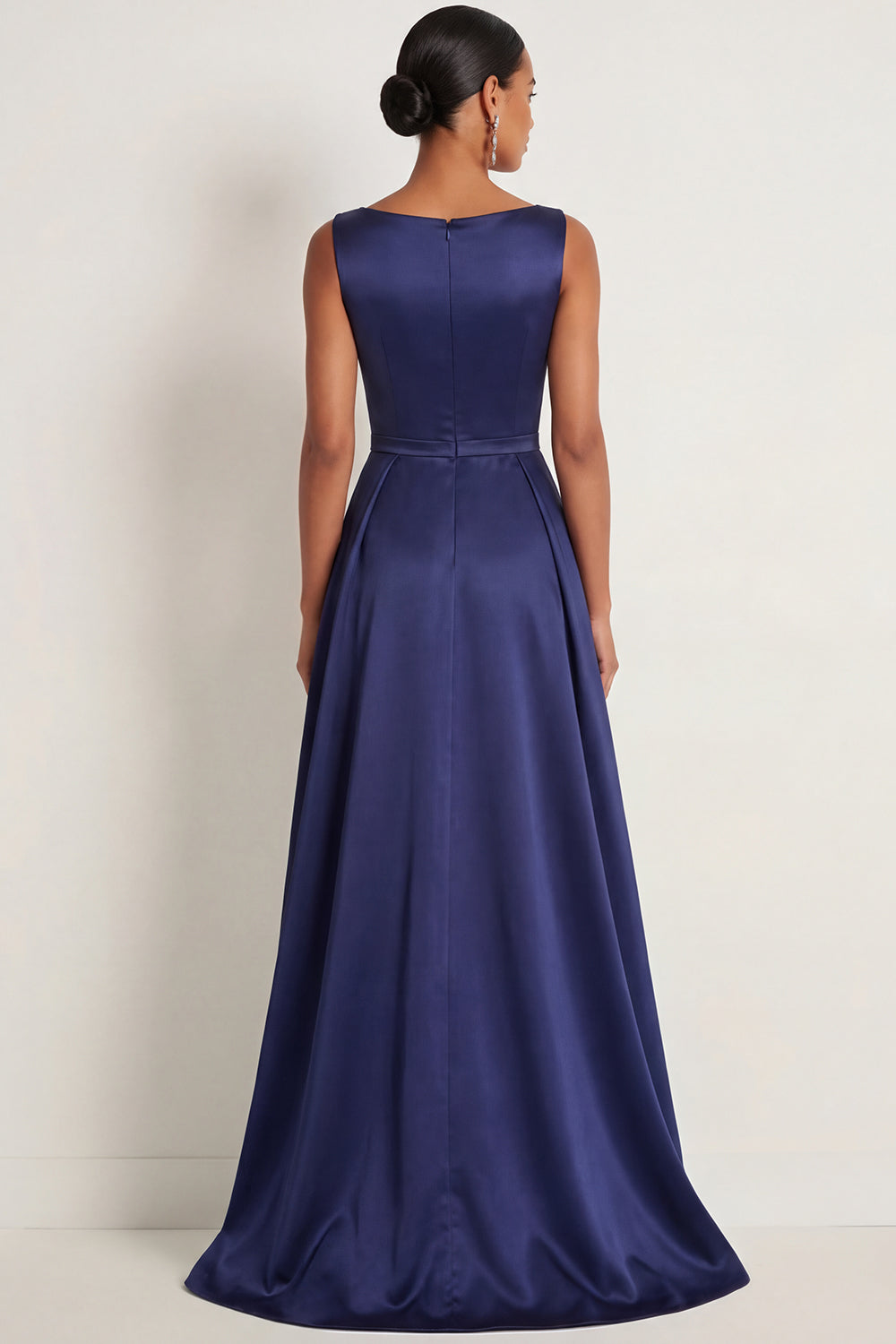 Navy Floral Round Neck Satin Appliqued Long Evening Dress