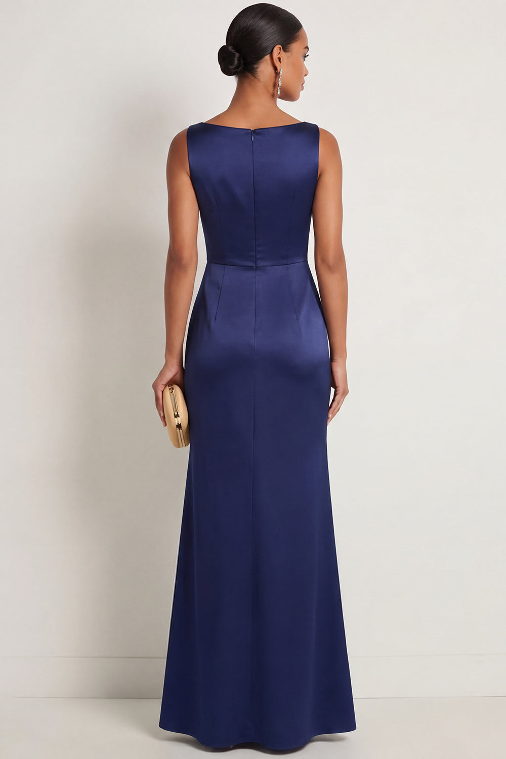 Navy Floral Round Neck Satin Mermaid Long Formal Dress