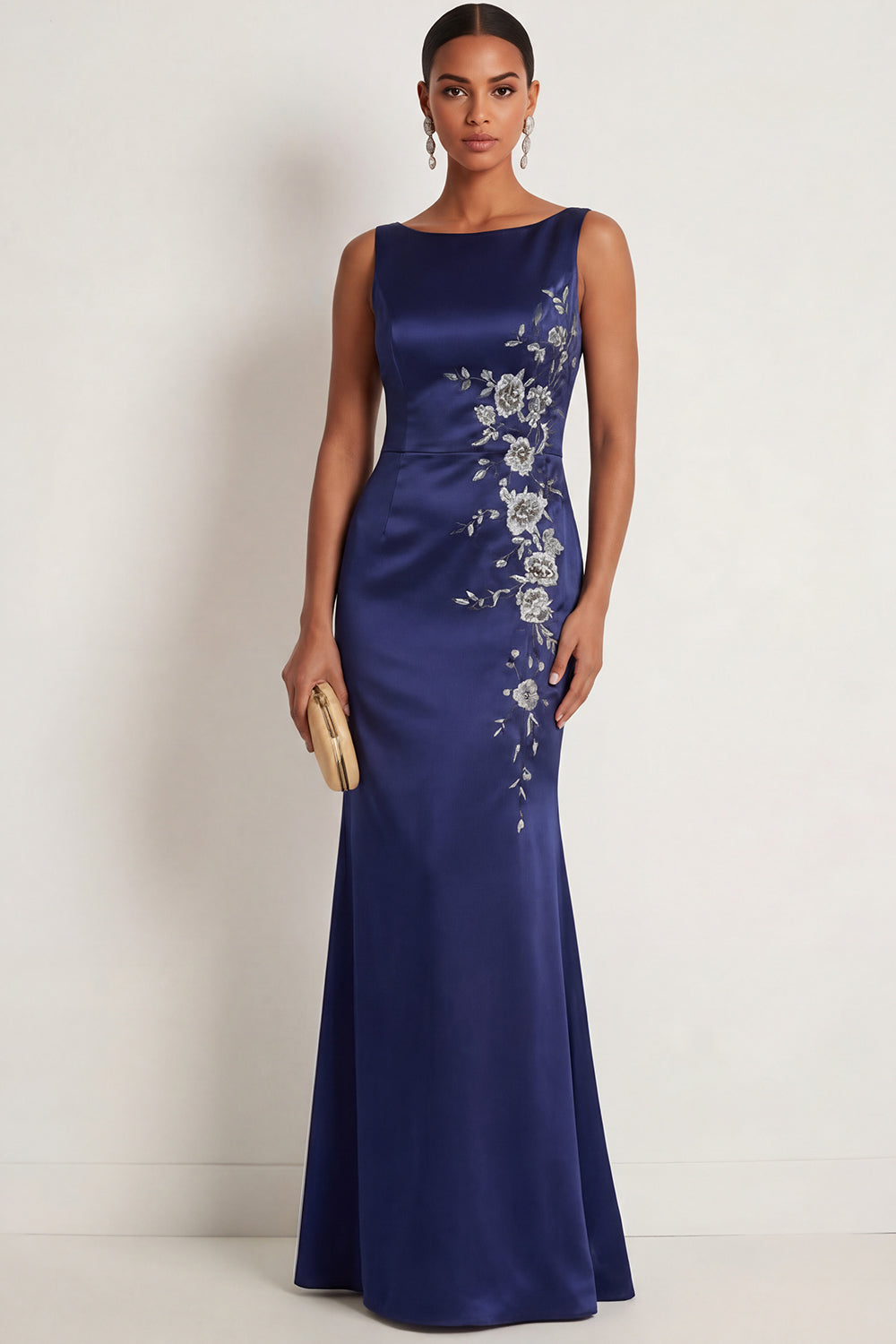 Leely Women Navy Floral Round Neck Satin Mermaid Long Formal Dress Appliqued Sleeveless Wedding Guest Dress