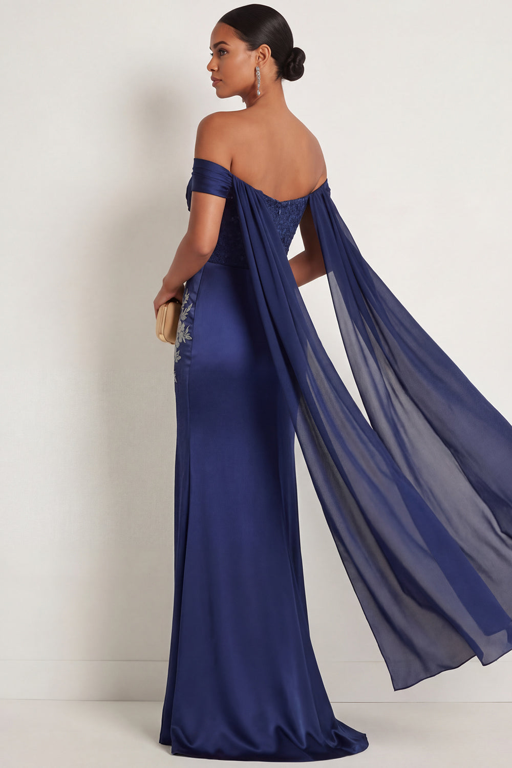 Navy Sparkly Beaded Mermaid Ruched Floral Corset Long Formal Dress with Slit