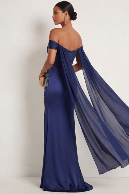 Navy Sparkly Beaded Mermaid Ruched Floral Corset Long Formal Dress with Slit