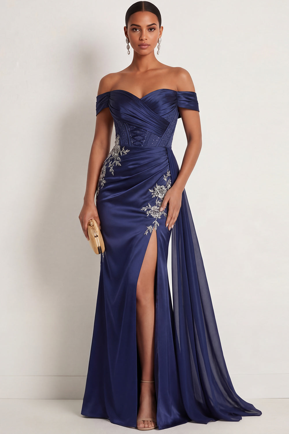 Leely Women Sparkly Navy Beaded Mermaid Ruched Floral Corset Long Formal Dress with Slit Off the Shoulder Backless Sleeveless Wedding Guest Dress