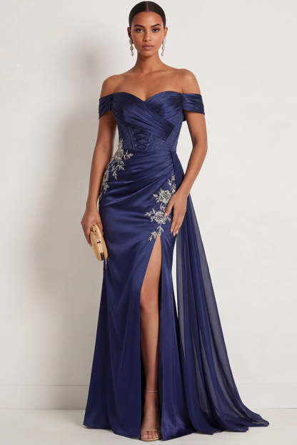 Leely Women Sparkly Navy Beaded Mermaid Ruched Floral Corset Long Formal Dress with Slit Off the Shoulder Backless Sleeveless Wedding Guest Dress