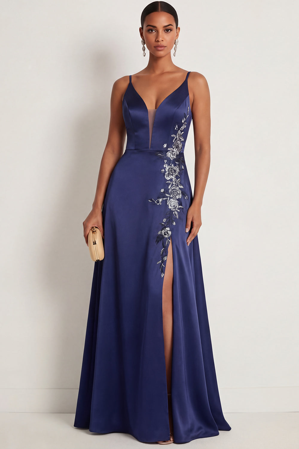 Leely Women Navy A Line Floral Appliqued Maxi Formal Dress with Slit Sleeveless Backless Spaghetti Straps Wedding Guest Dress