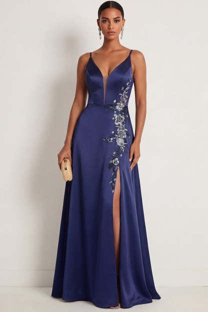 Leely Women Navy A Line Floral Appliqued Maxi Formal Dress with Slit Sleeveless Backless Spaghetti Straps Wedding Guest Dress