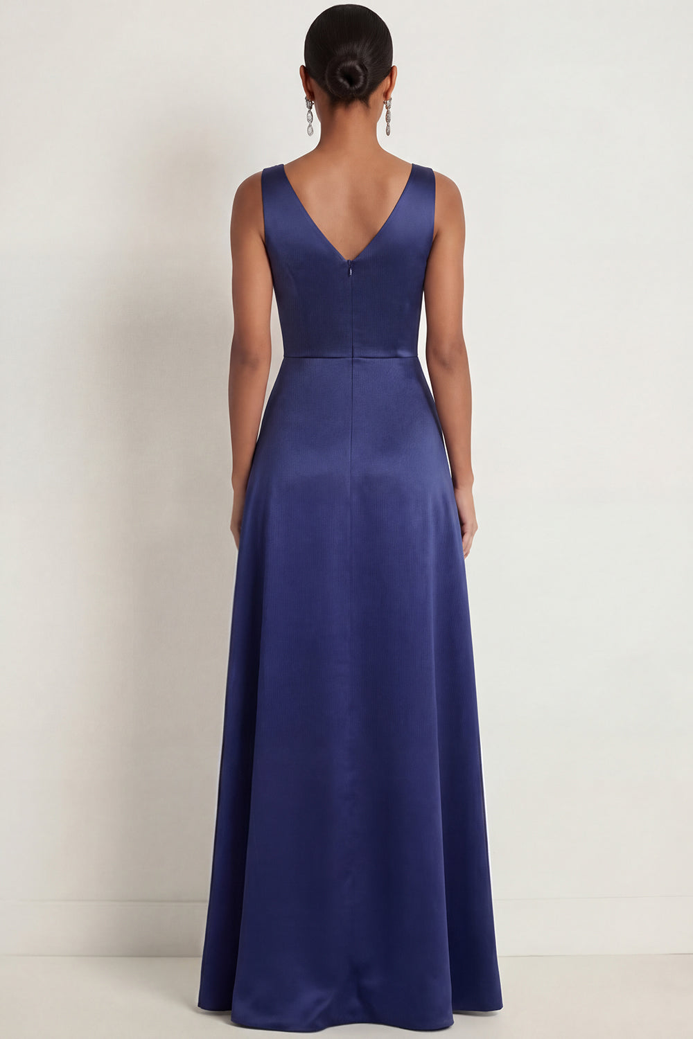 Navy A Line Spaghetti Straps Floral Appliqued Maxi Formal Dress with Slit