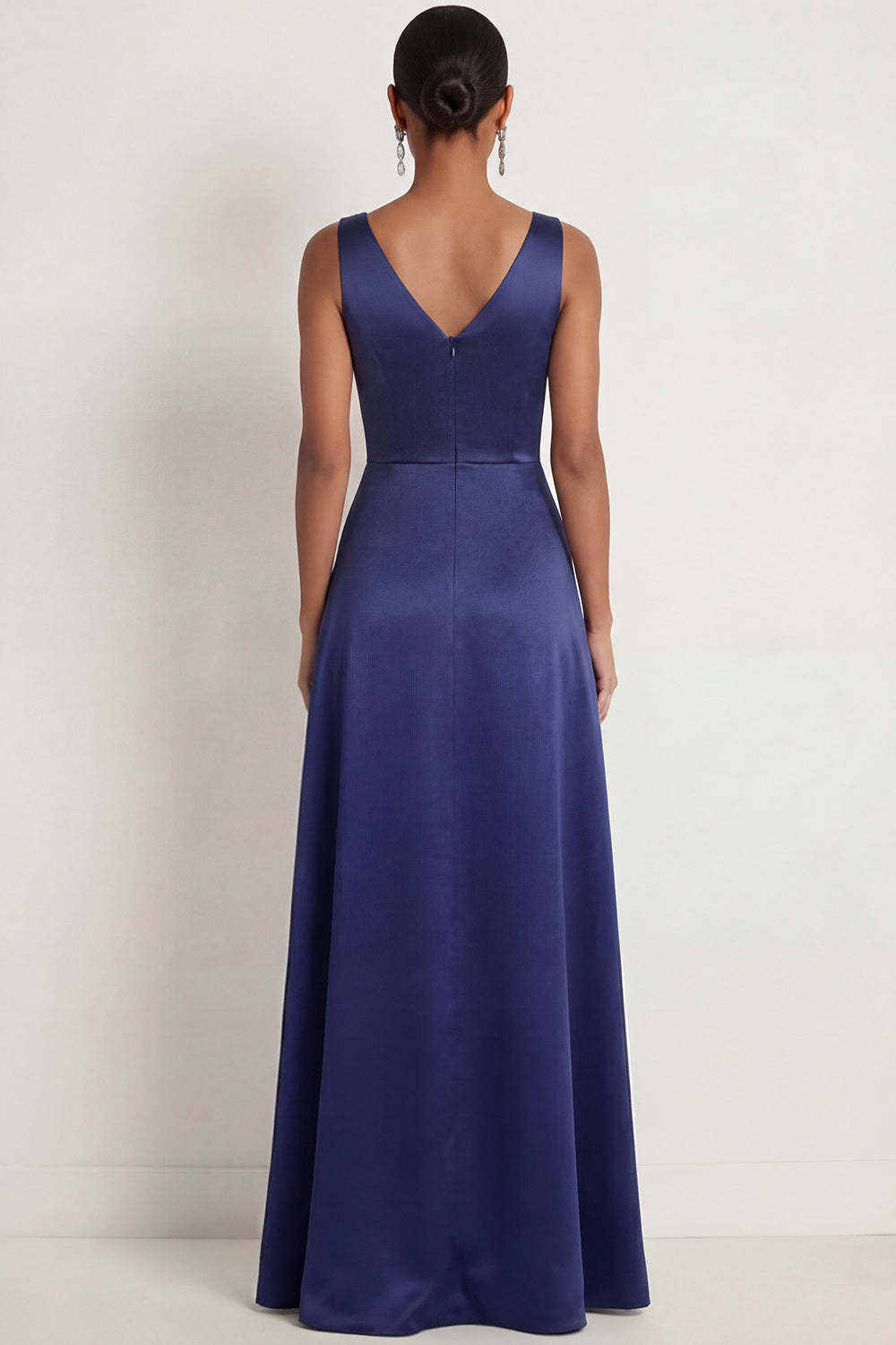 Navy A Line Spaghetti Straps Floral Appliqued Maxi Formal Dress with Slit