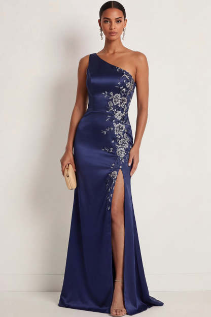 Leely Women Satin Navy Mermaid Floral Maxi Formal Dress with Slit Appliqued One Shoulder Sleeveless Wedding Guest Dress