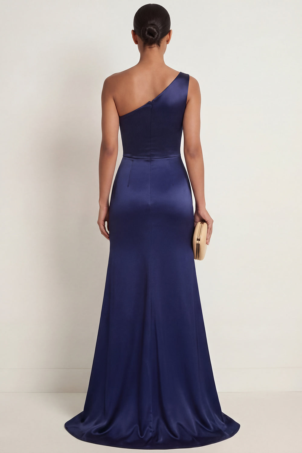 Satin Navy One Shoulder Mermaid Floral Appliqued Maxi Formal Dress with Slit