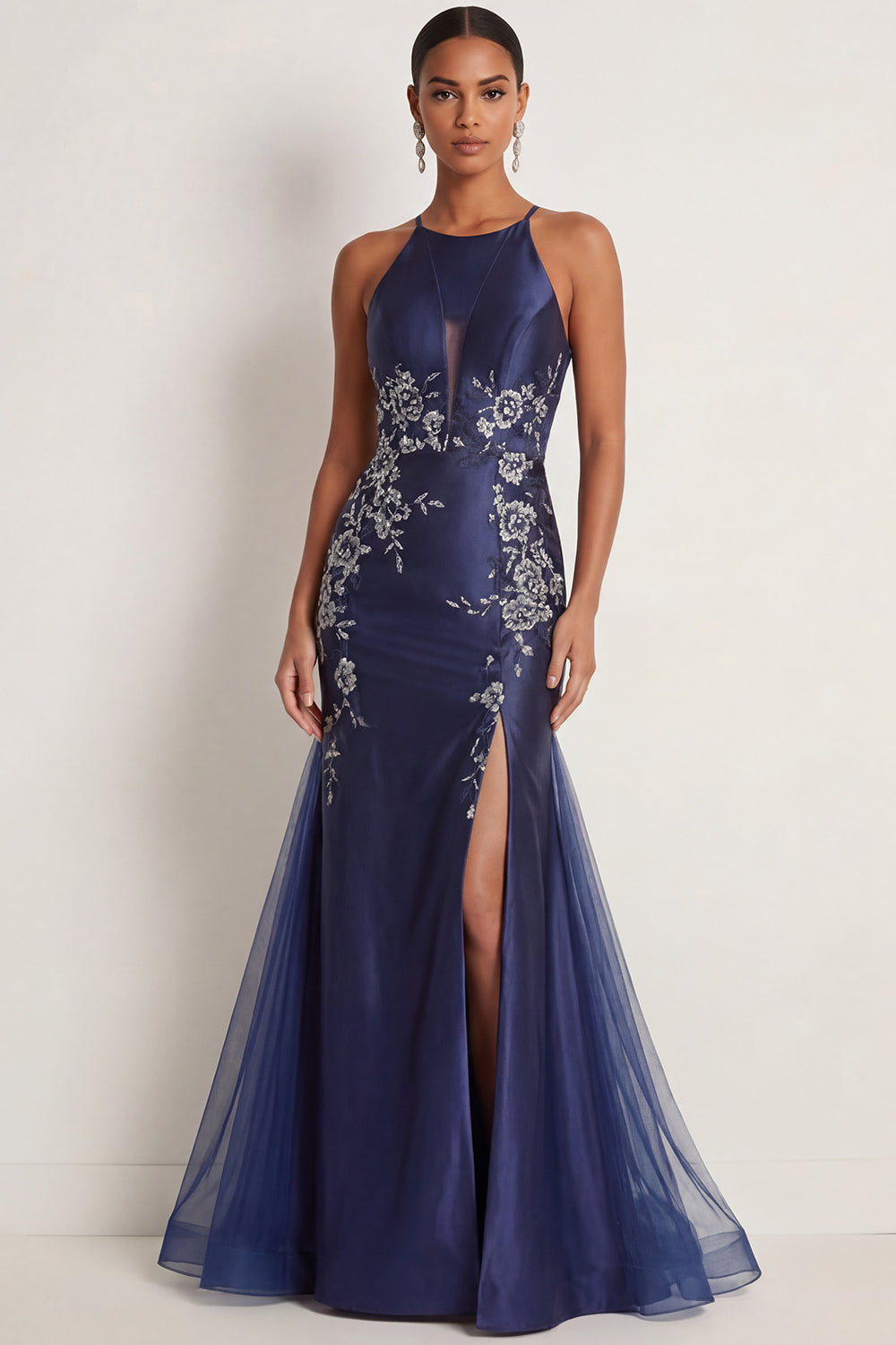 Sparkly Navy Beaded Satin Mermaid Floral Long Formal Dress with Slit