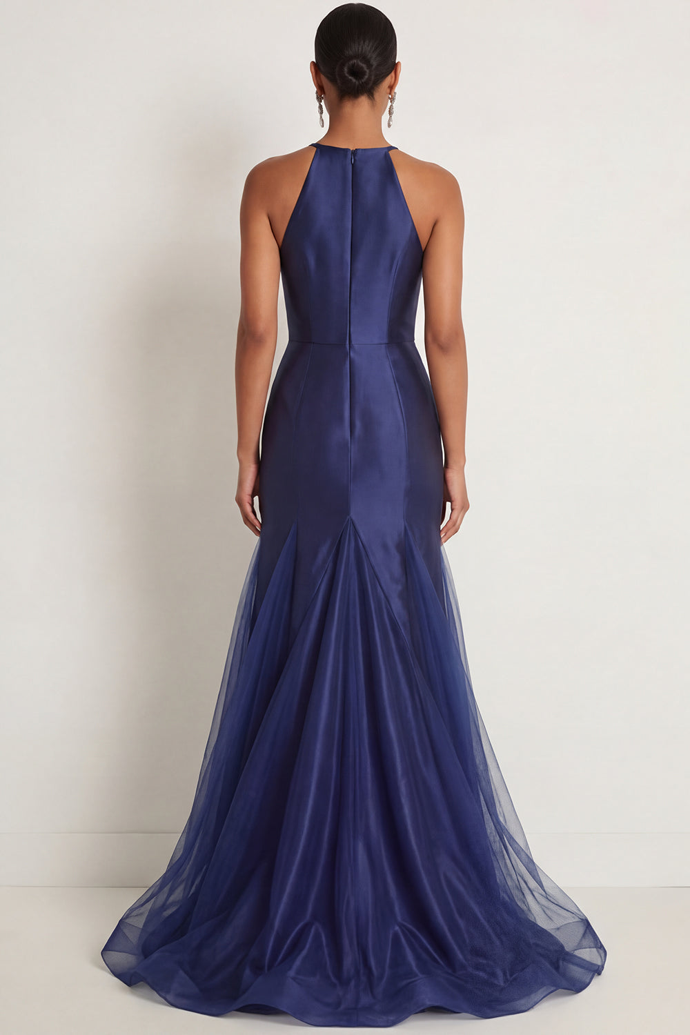 Sparkly Navy Beaded Satin Mermaid Floral Long Formal Dress with Slit