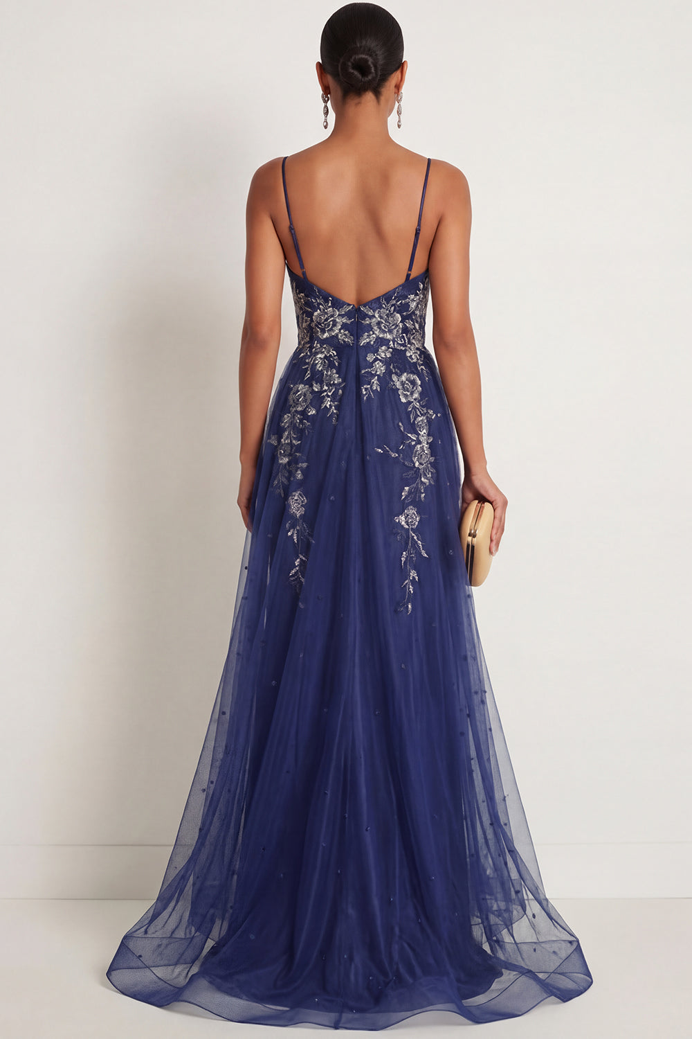 Floral Sparkly Beaded Navy Spaghetti Straps Mermaid Maxi Formal Dress