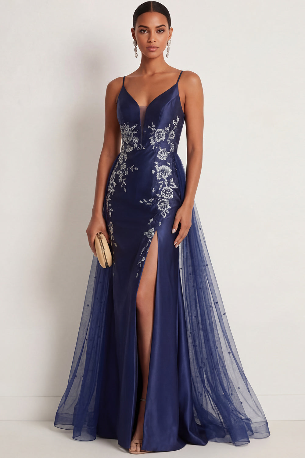 Leely Women Sparkly Beaded Navy Spaghetti Straps Floral Mermaid Maxi Formal Dress Sleeveless Appliqued Backless Wedding Guest Dress