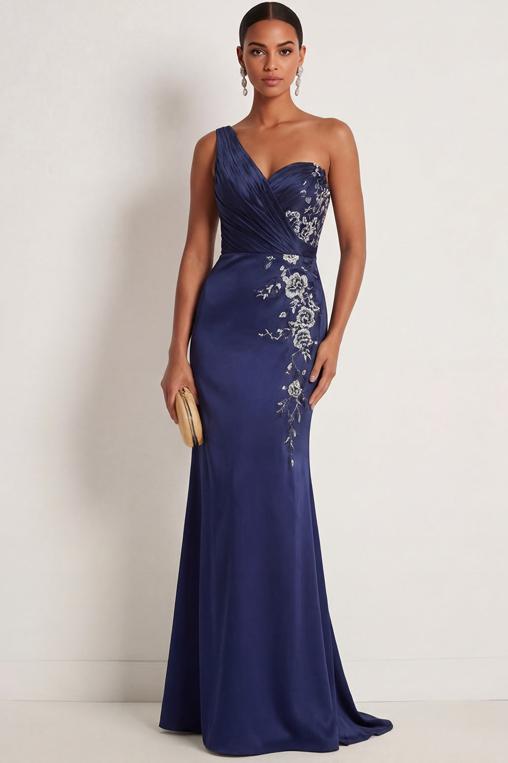 Floral Sparkly Beaded Navy One Shoulder Mermaid Ruched Long Formal Dress