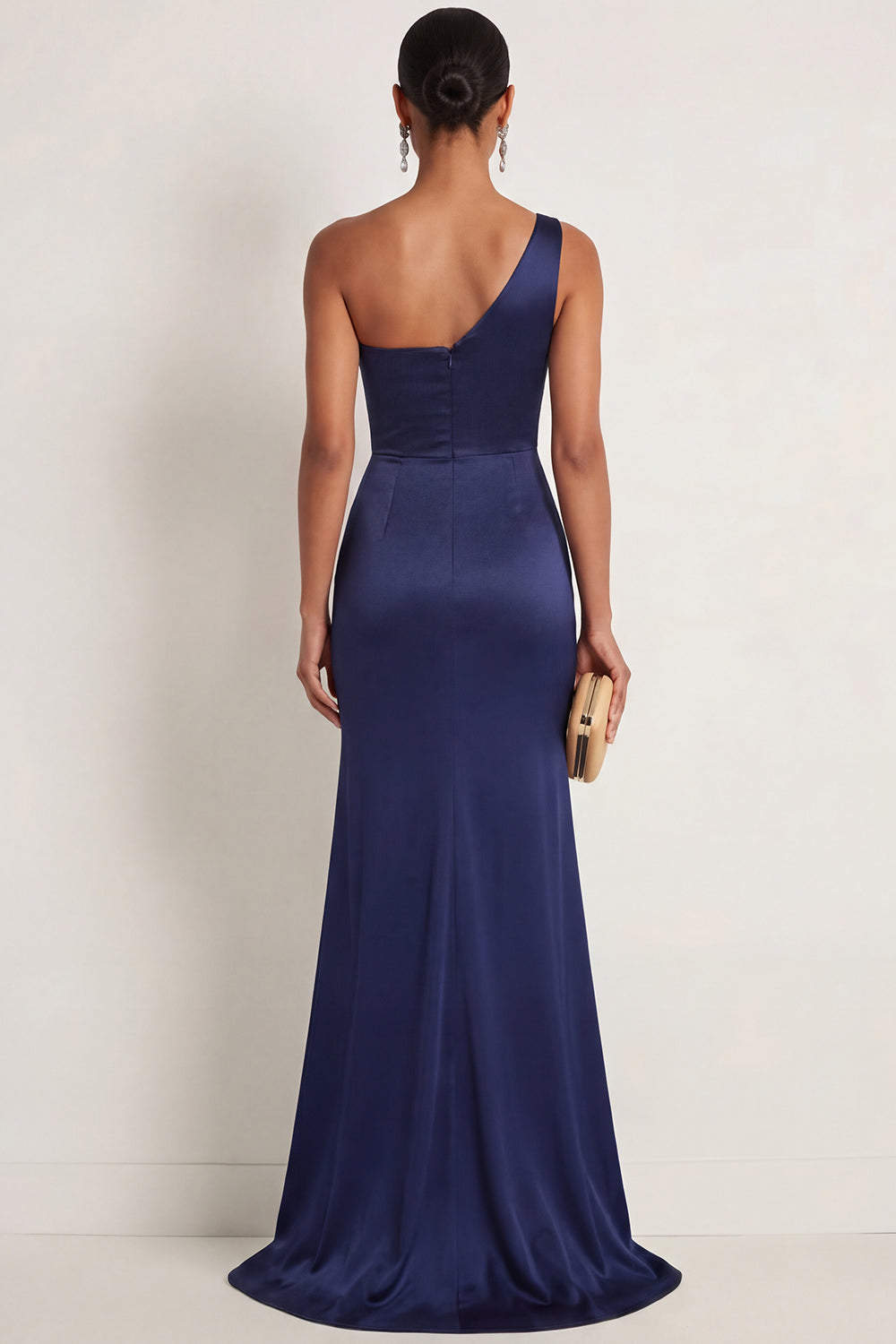 Floral Sparkly Beaded Navy One Shoulder Mermaid Ruched Long Formal Dress