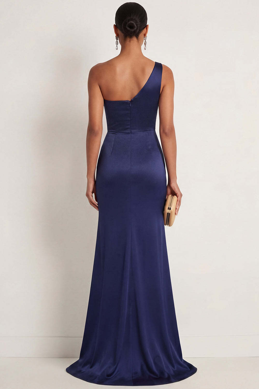 Floral Sparkly Beaded Navy One Shoulder Mermaid Ruched Long Formal Dress