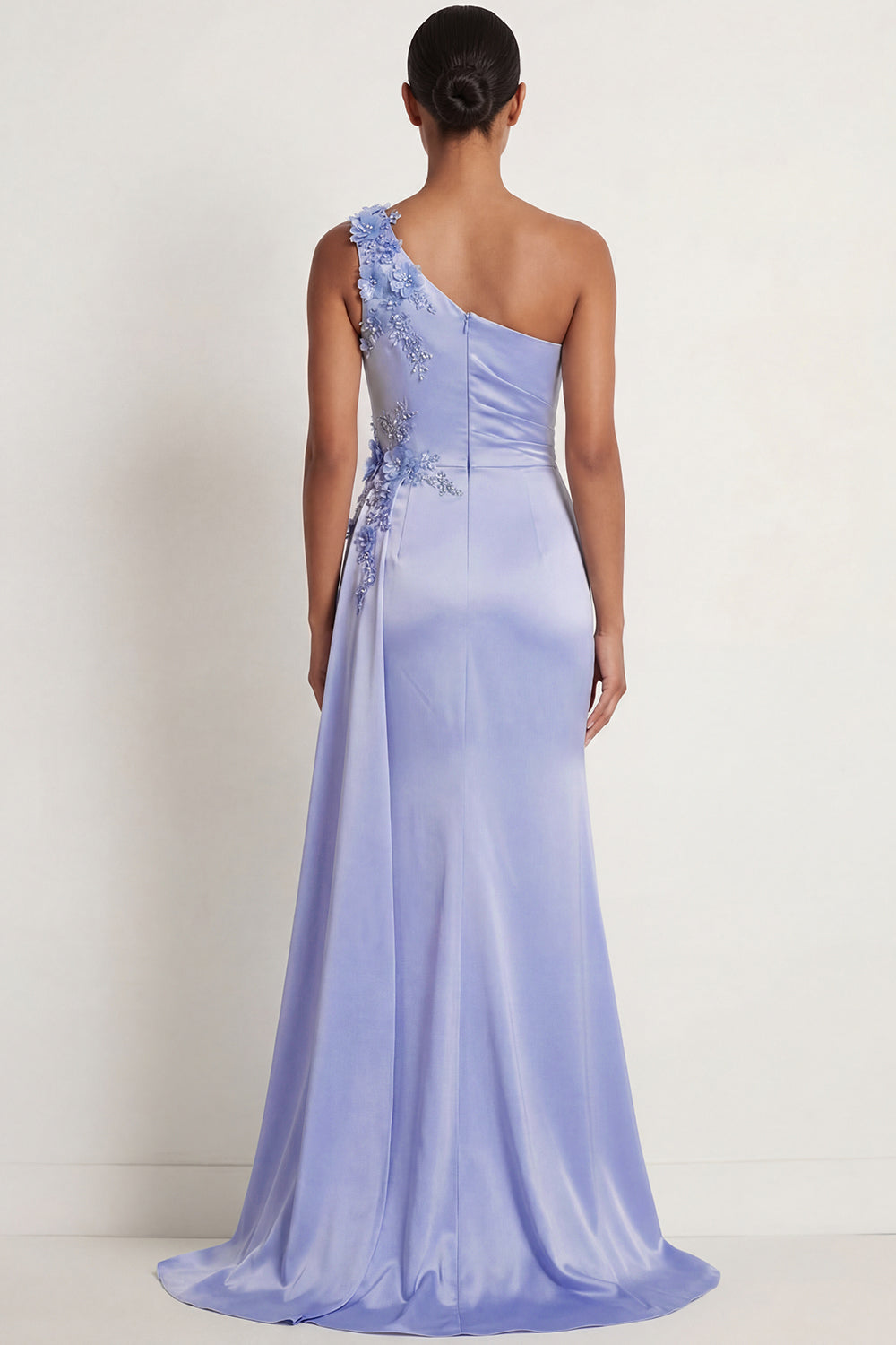 Sparkly Blue Beaded Mermaid Ruched One Shoulder Maxi Formal Dress with Slit