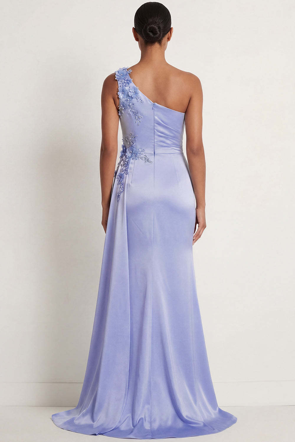 Sparkly Blue Beaded Mermaid Ruched One Shoulder Maxi Formal Dress with Slit