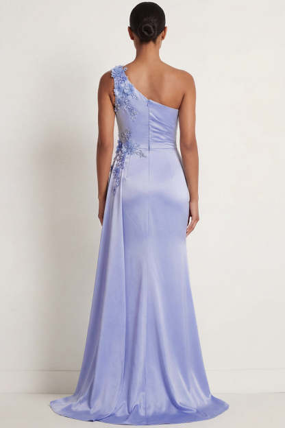 Sparkly Blue Beaded Mermaid Ruched One Shoulder Maxi Formal Dress with Slit