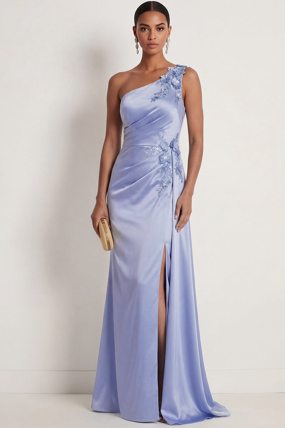 Sparkly Blue Beaded Mermaid Ruched One Shoulder Maxi Formal Dress with Slit