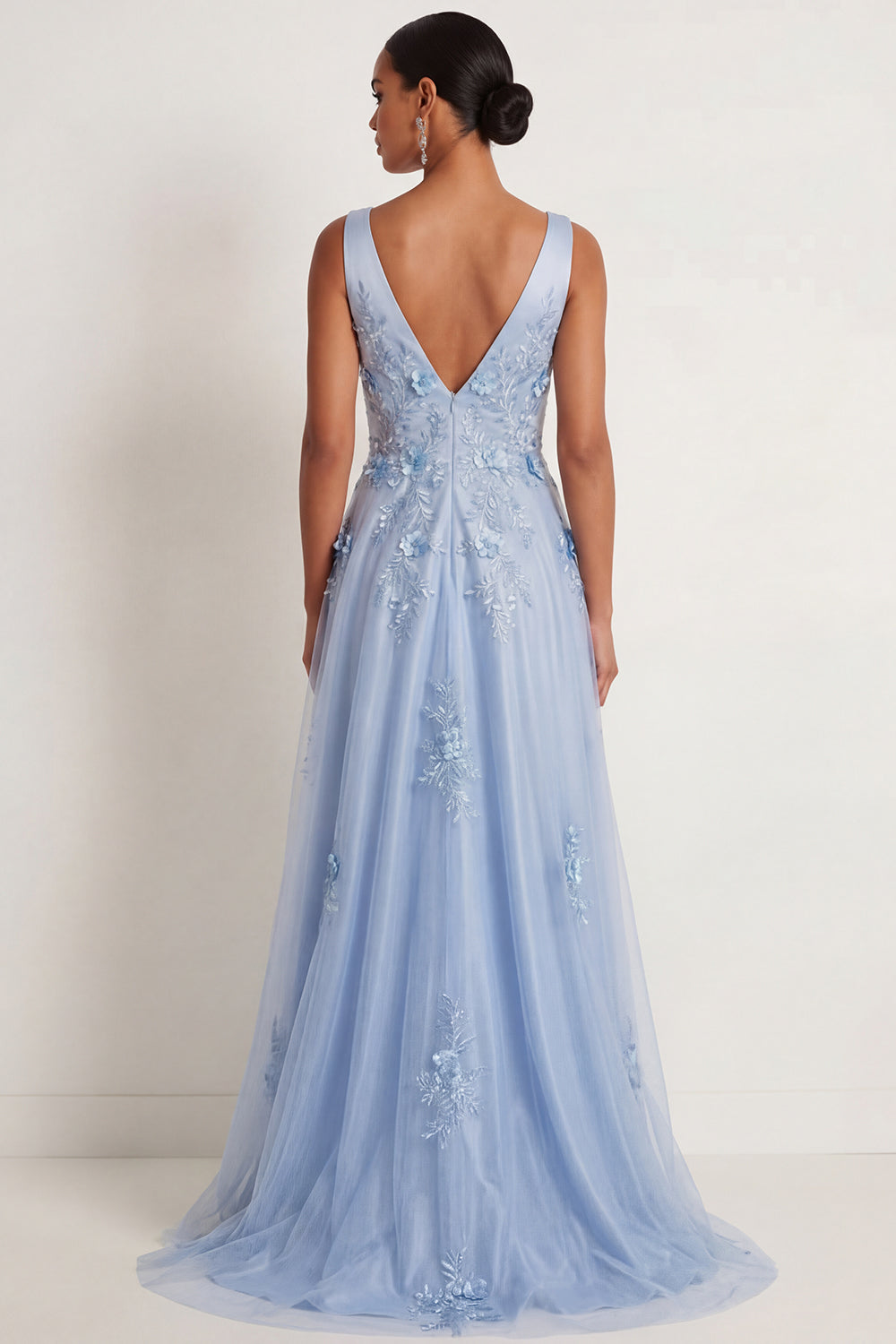 Sparkly Blue Beaded Floral Appliqued A Line Long Formal Dress