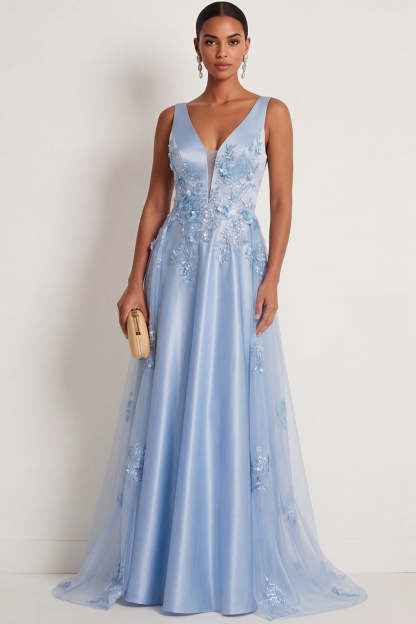 Leely Women Sparkly Blue Beaded Floral Appliqued A Line Long Formal Dress Thick Straps Backless Sleeveless Wedding Guest Dress