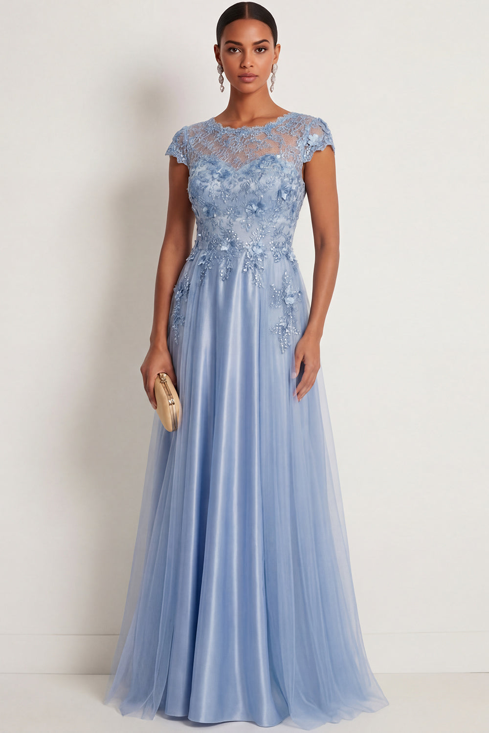 Leely Women Blue Sparkly Beaded Floral Appliqued A Line Maxi Prom Dress Round Neck Sleeveless Gala Dress