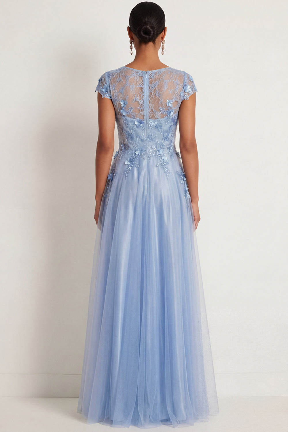 Blue Sparkly Beaded Floral Appliqued A Line Maxi Formal Dress