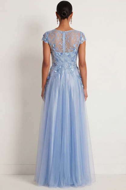 Blue Sparkly Beaded Floral Appliqued A Line Maxi Formal Dress