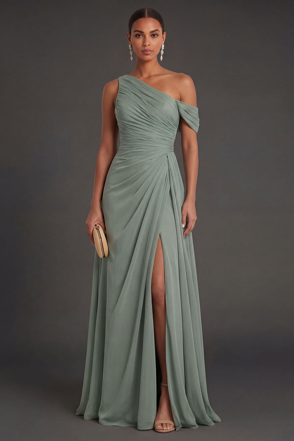 Dusty Sage Sheath Ruched One Shoulder Long Formal Dress with Slit
