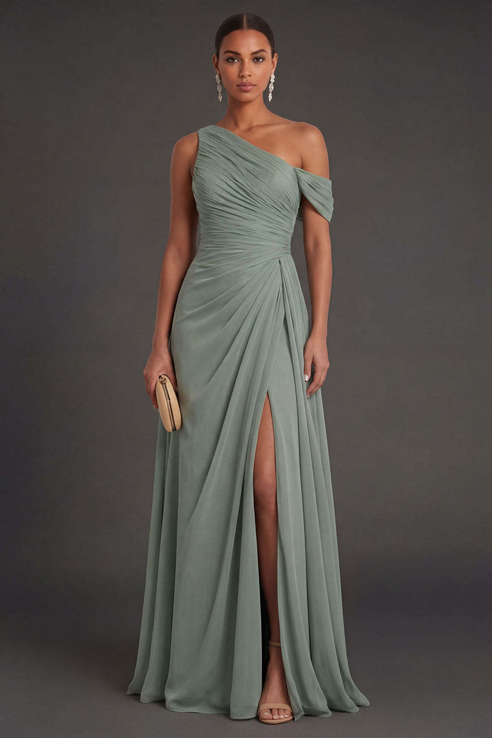 Leely Women Dusty Sage Sheath One Shoulder Long Formal Dress with Slit Ruched Backless Sleeveless Evening Dress