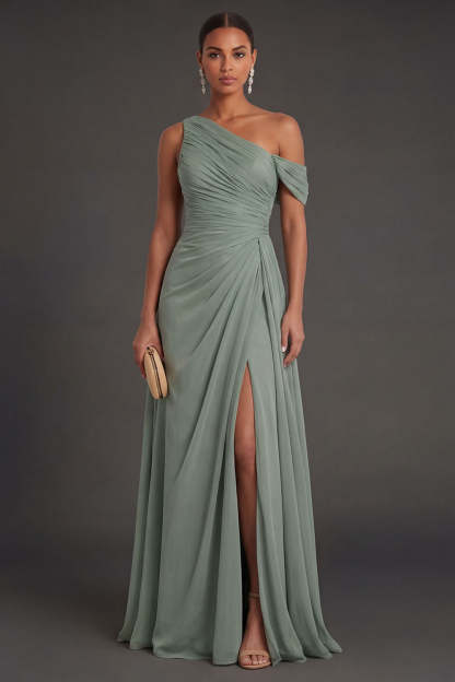 Leely Women Dusty Sage Sheath One Shoulder Long Formal Dress with Slit Ruched Backless Sleeveless Evening Dress