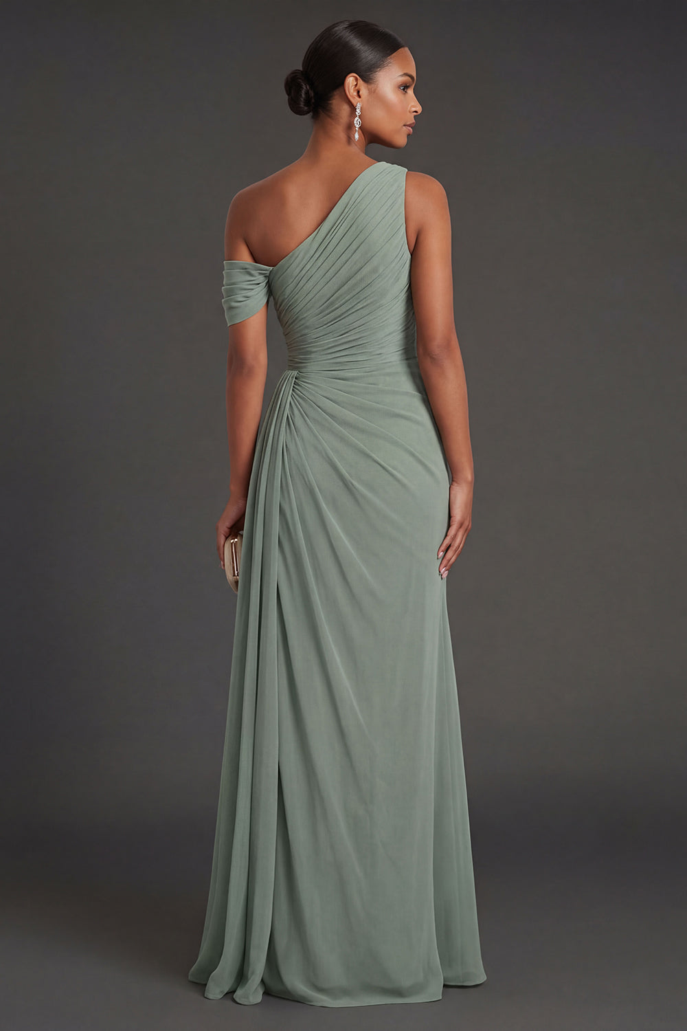 Dusty Sage Sheath Ruched One Shoulder Long Formal Dress with Slit