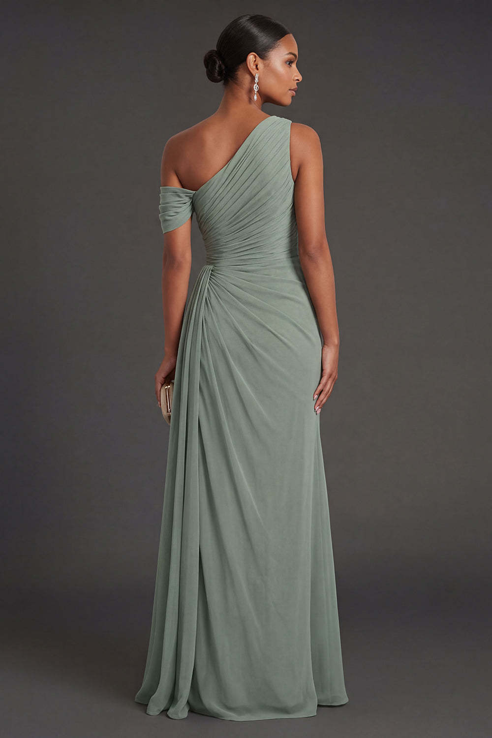 Dusty Sage Sheath Ruched One Shoulder Long Formal Dress with Slit