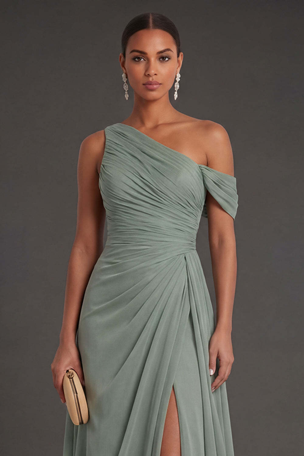 Dusty Sage Sheath Ruched One Shoulder Long Formal Dress with Slit