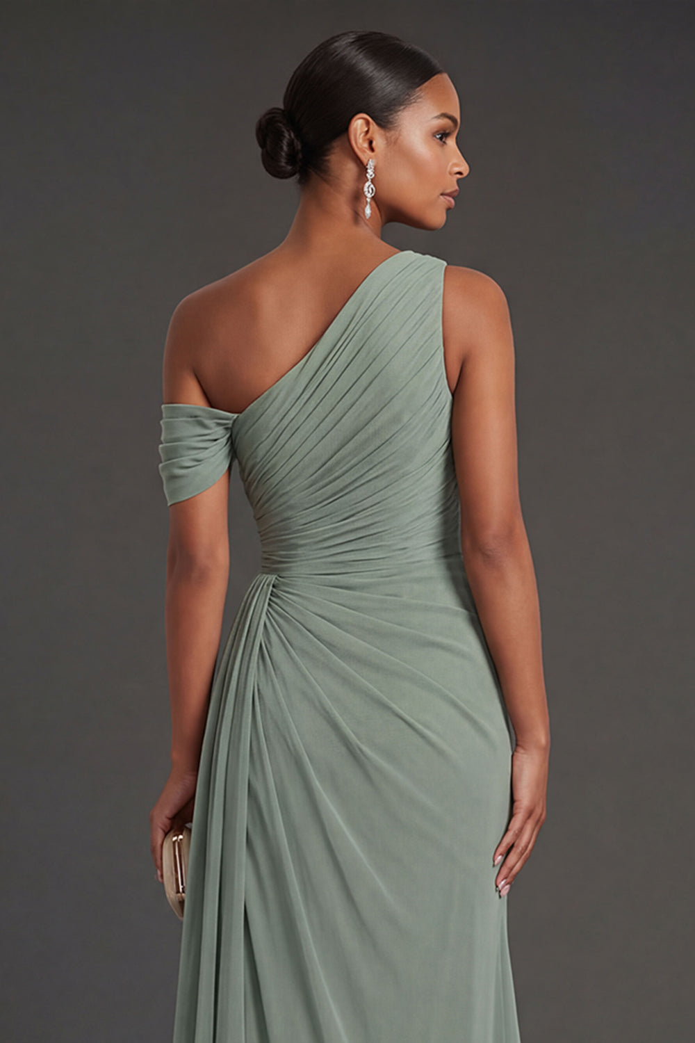 Dusty Sage Sheath Ruched One Shoulder Long Formal Dress with Slit