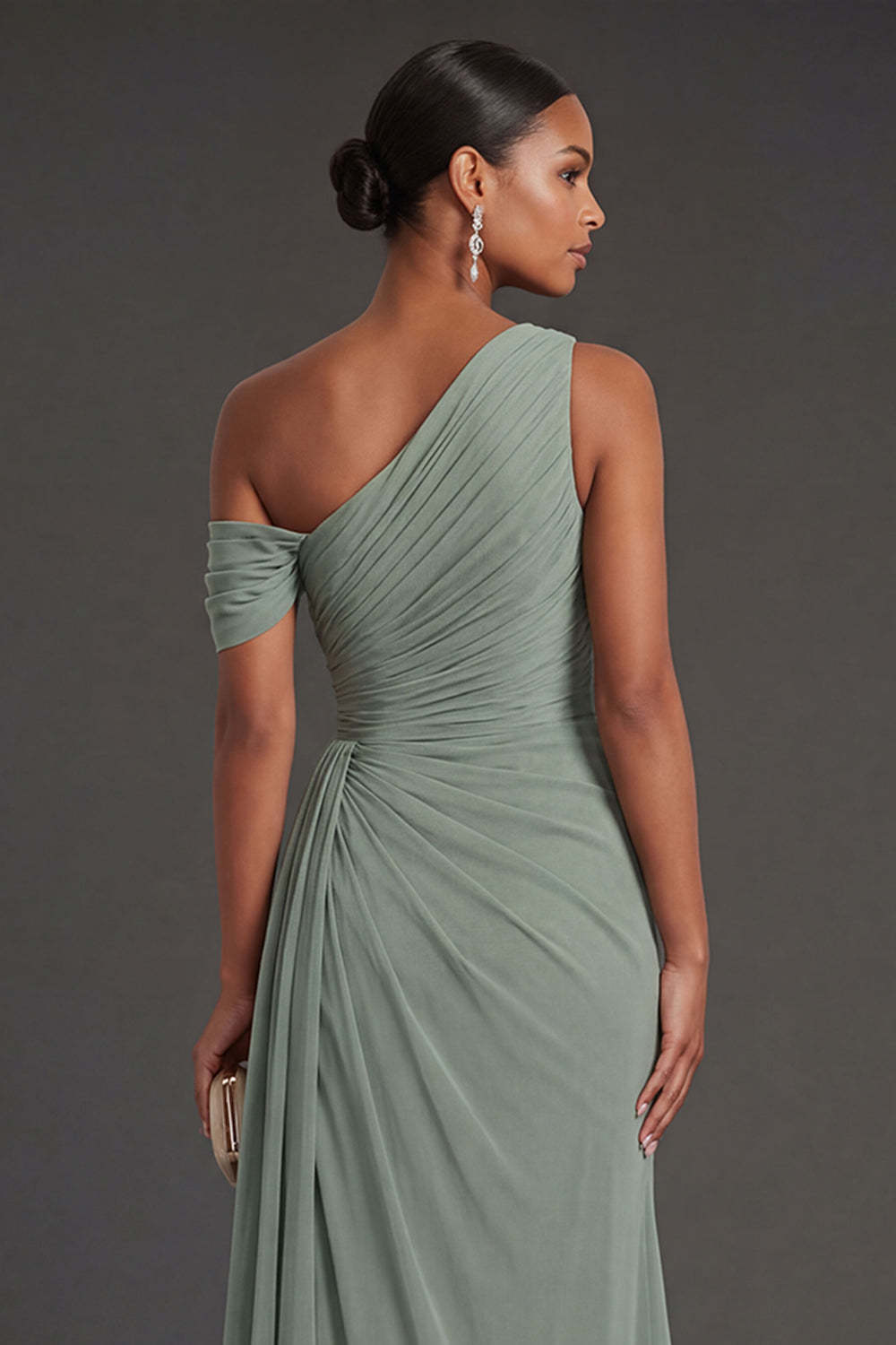 Dusty Sage Sheath Ruched One Shoulder Long Formal Dress with Slit