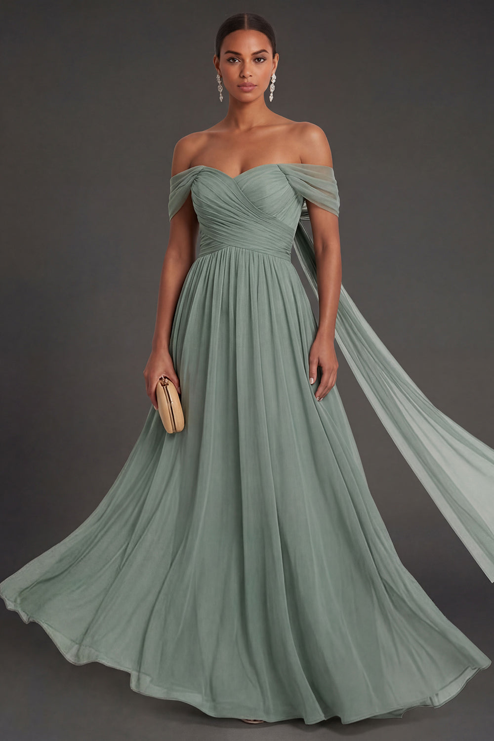 Leely Women Dusty Sage A Line Sleeveless Long Formal Dress Off the Shoulder Backless Evening Dress