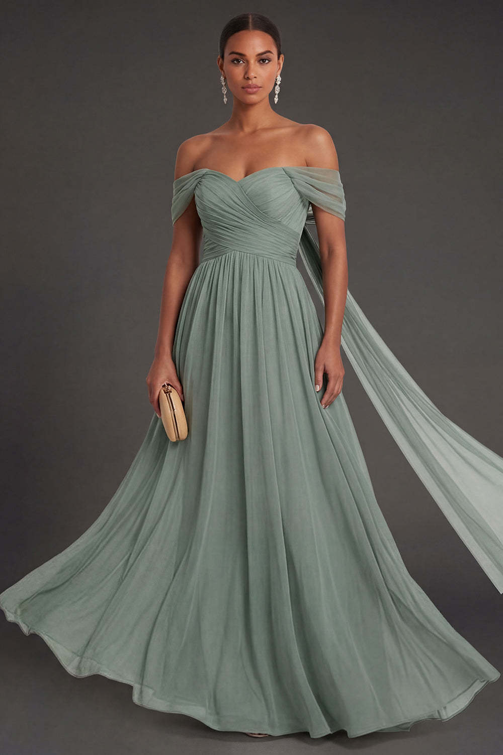 Leely Women Dusty Sage A Line Sleeveless Long Formal Dress Off the Shoulder Backless Evening Dress