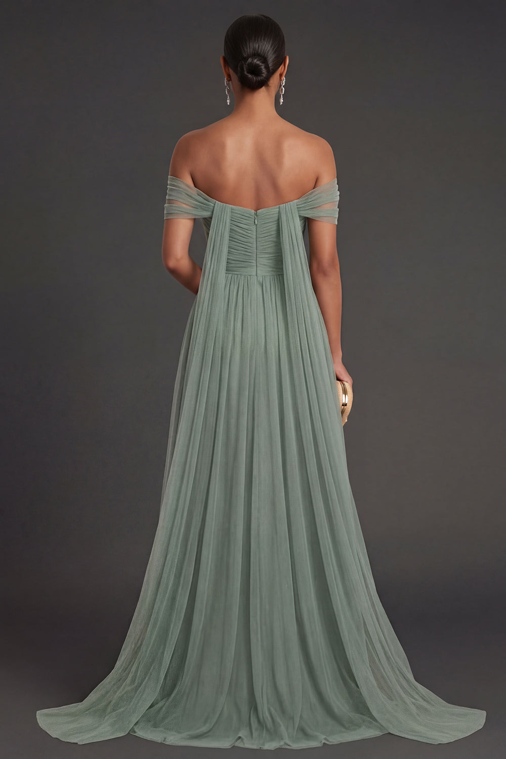 Dusty Sage A Line Off the Shoulder Backless Sleeveless Long Formal Dress