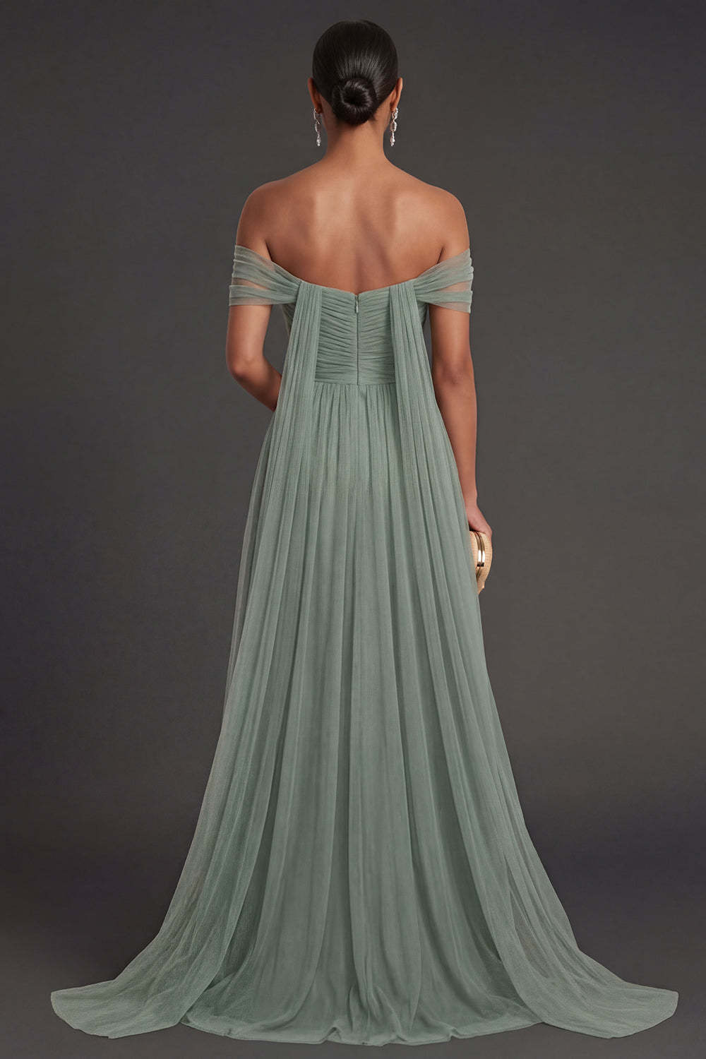 Dusty Sage A Line Off the Shoulder Backless Sleeveless Long Formal Dress