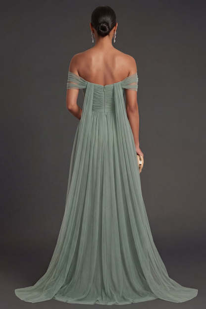 Dusty Sage A Line Off the Shoulder Backless Sleeveless Long Formal Dress