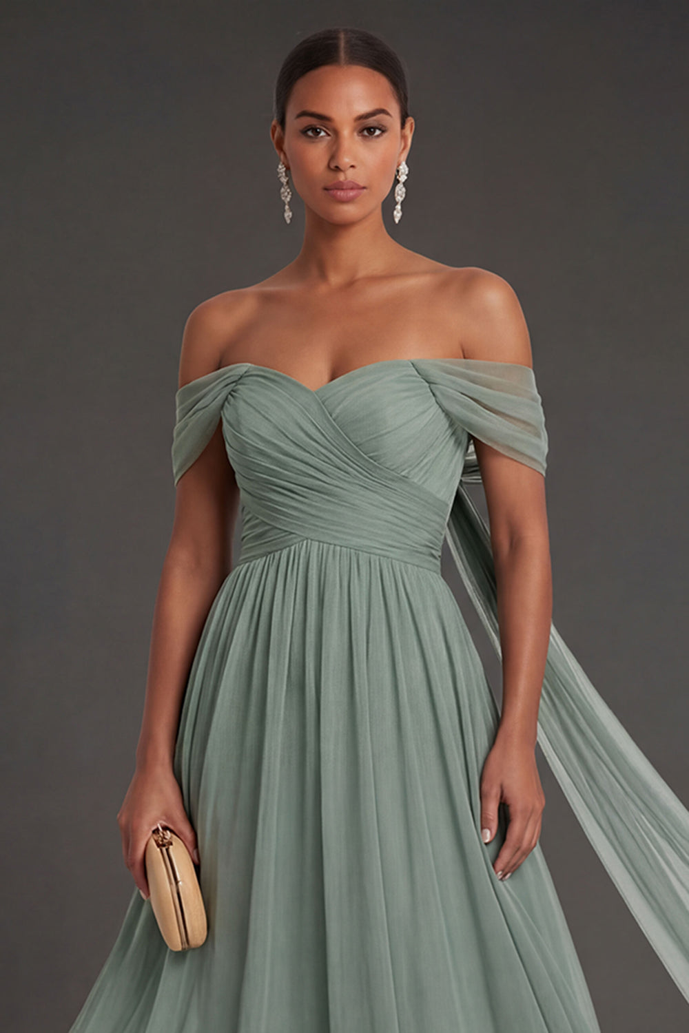 Dusty Sage A Line Off the Shoulder Backless Sleeveless Long Formal Dress