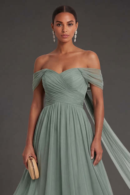 Dusty Sage A Line Off the Shoulder Backless Sleeveless Long Formal Dress