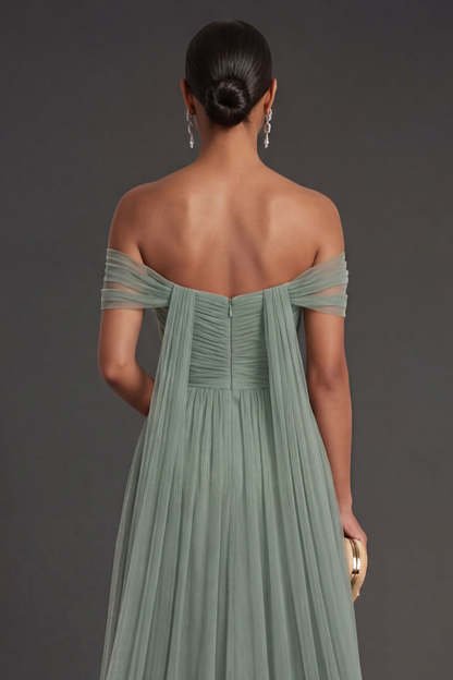 Dusty Sage A Line Off the Shoulder Backless Sleeveless Long Formal Dress