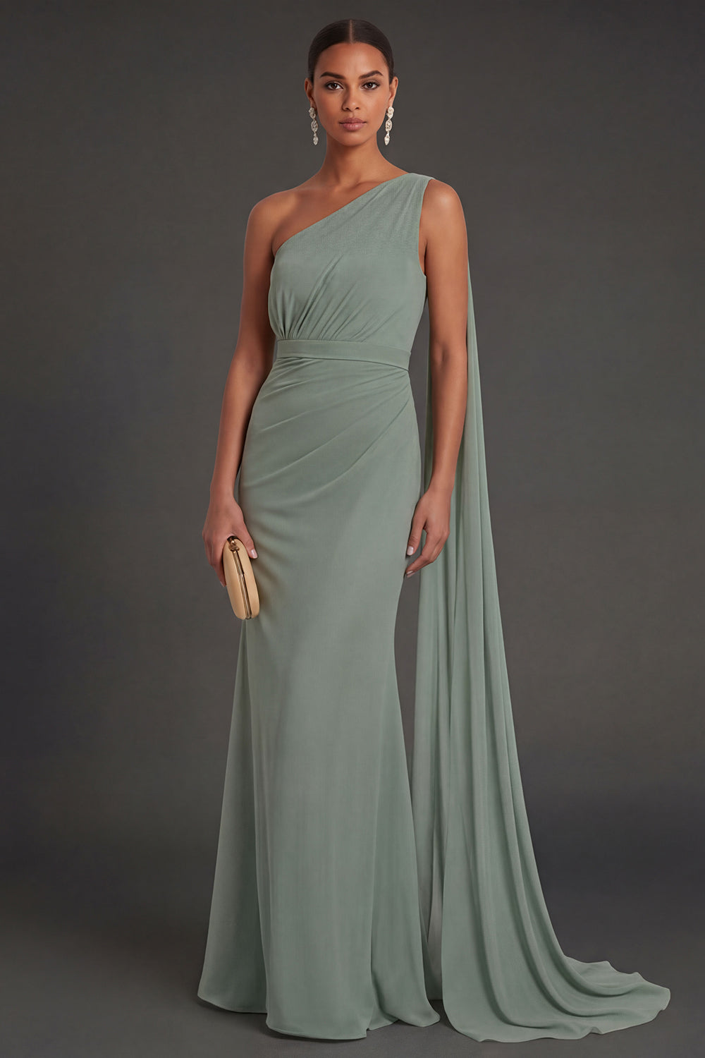 Dusty Sage Sheath One Shoulder Ruched Long Formal Dress with Cape