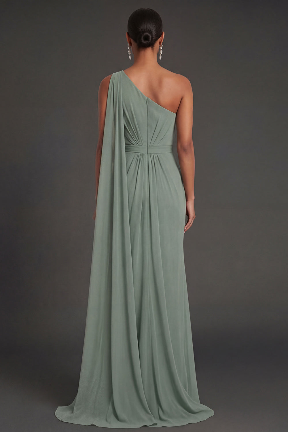 Dusty Sage Sheath One Shoulder Ruched Long Formal Dress with Cape