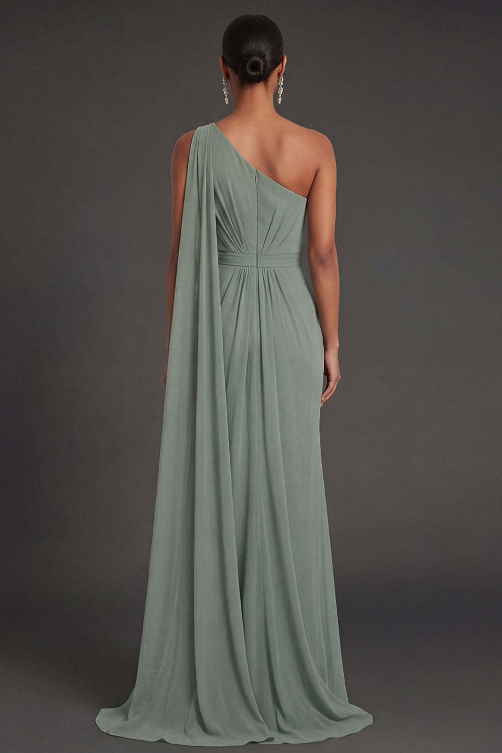 Dusty Sage Sheath One Shoulder Ruched Long Formal Dress with Cape